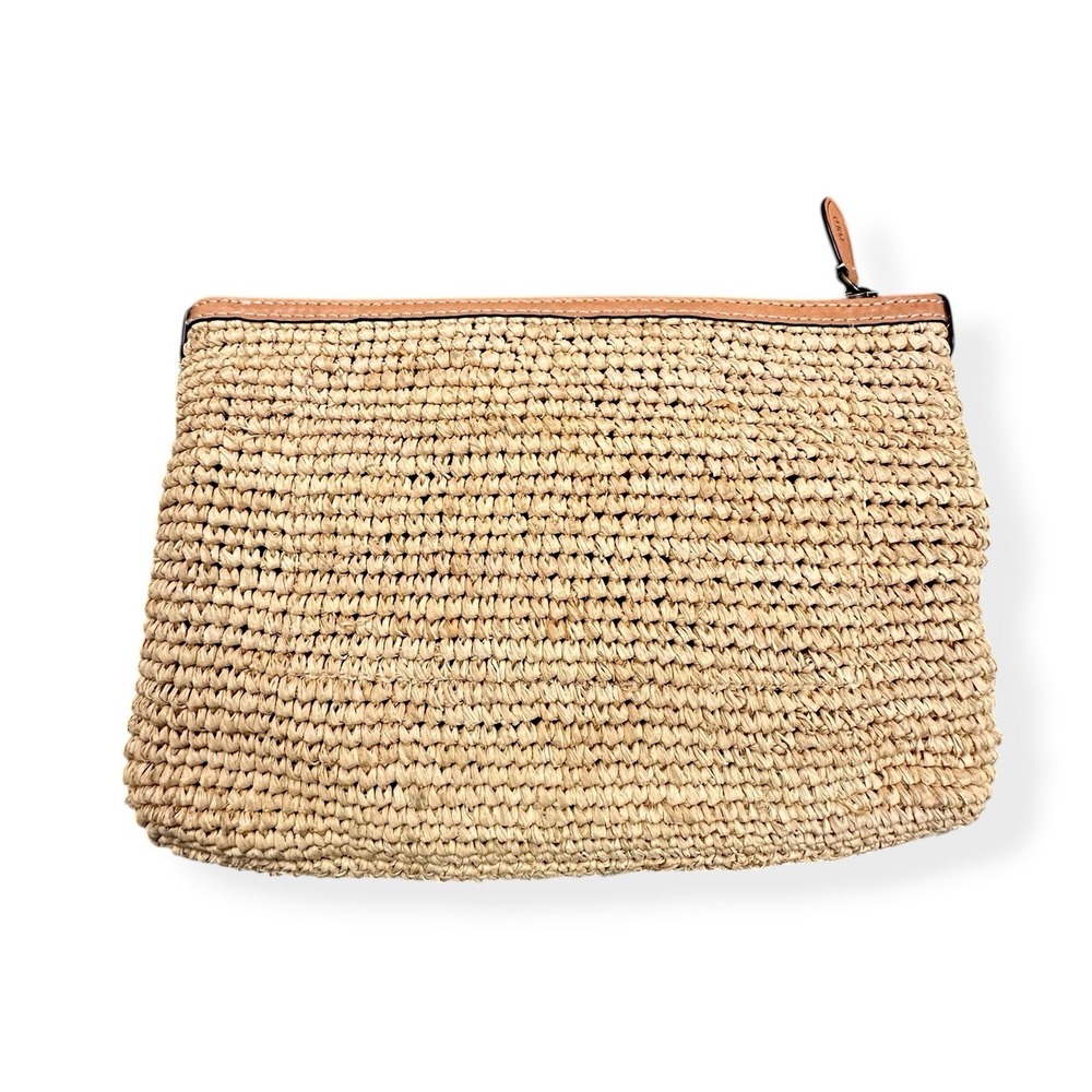 NEW Polo Ralph Lauren Natural Raffia Cow Leather Pouch Wallet Clutch Small Zip - Picture 4 of 13